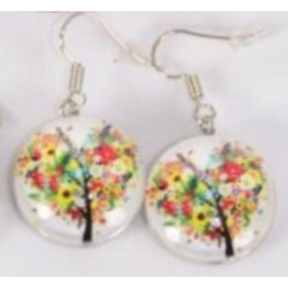 Boutique new multicolor double sided dome Tree of Life heart earrings - Picture 5 of 6